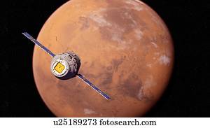 Illustration of a satellite in front of Mars.