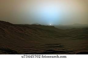 Illustration of a sunset on Mars. Dust and small particles suspended in the Martian atmosphere scatter light in the direction of the Sun forward. This creates a blue halo around the setting Sun, rendering a Martian landscape quite different from its...