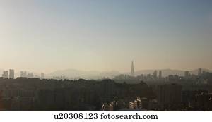 nebuloso, cityscape, e, skyline, em, anoitecer, seul, coréia sul