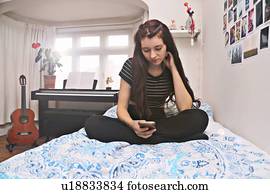 adolescente, social, networking, cama