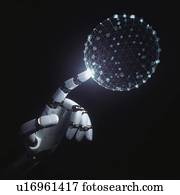 cybernetic, evolução, conceitual, illustration., robotic, dedo, tocar, um, holographic, 3d, sphere.