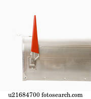 Shiny silver metal mailbox with flag up