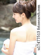 Japanese woman in the open-air bath