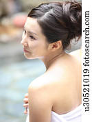 Japanese woman in the open-air bath