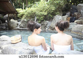 Japanese women in a open-air bath