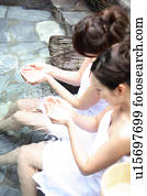 Japanese women in a open-air bath