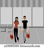 זוג צעיר, להביא, שקיות של קניות