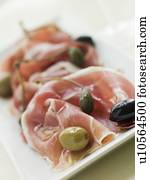 Serano, presunto, azeitonas, e, alcaparra, bagas