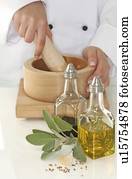 vinagre, óleo, e, morteiro