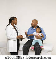 africano-americano, pai, prendendo bebê, menina, conversa, femininas, pediatrician.