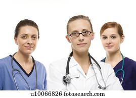 Portrait of Caucasian women medical healthcare workers in uniforms against white background.