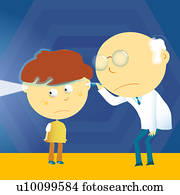 Male doctor looking through a boy's ears with a flashlight Male doctor looking through a boy's ears with a flashlight