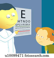 Male optician checking a girl's eye sight with an eye chart Male optician checking a girl's eye sight with an eye chart