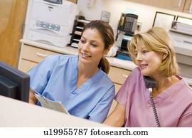 enfermeiras, em, a, área recepção, em, um, hospitalar