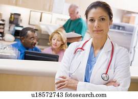 doutores enfermeiras, em, a, área recepção, de, um, hospitalar