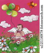 baby, engelchen, junge, mit, luftballone baby, engelchen, junge, mit, luftballone