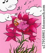 Baby girl in a flower listening to music