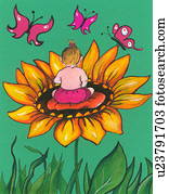 Baby girl sitting on a sunflower