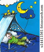 baby- junge, bett, mit, mond, auf, a, schnur baby- junge, bett, mit, mond, auf, a, schnur