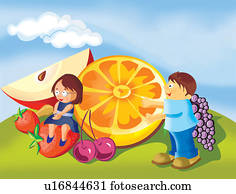 Boy and girl with fruits in a park