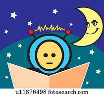 Boy reading book with crescent moon and stars  