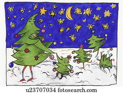 Christmas tree family in the snow