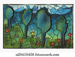 Mosaic of trees in a park with flowers