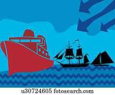 schiff, und, segelboot, mit, wellen, und, pfeil schiff, und, segelboot, mit, wellen, und, pfeil