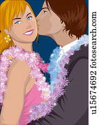 pareja hugging, con, guirnalda