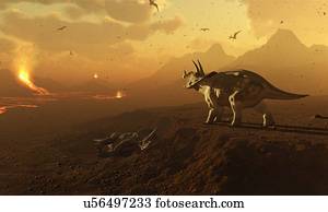 Triceratops and volcanic landscape