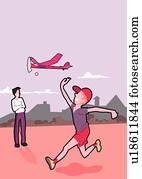 Father watching son play with airplane