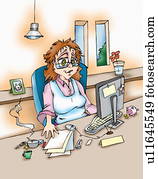 vrouw, op het werk, thuis, bureau