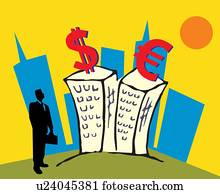 Businessman standing by buildings and looking at currency symbols