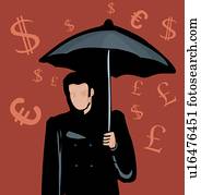 Man standing with umbrella and Currency symbols in background