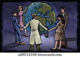 Men and women joining hands around the globe