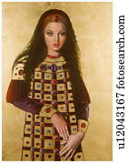 Medieval woman in crown with long hair