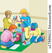 Children playing block game     