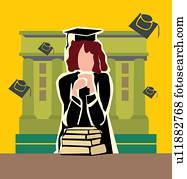 השקפה של חזית, של, a, סיים, אישה עומדת, על ידי, ה, קמפוס