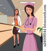 Doctor and a nurse walking along a hospital corridor