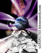 Globe superimposed on wads of currency notes