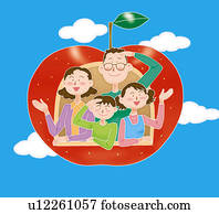 A family looking out from the apple shape window in the sky, Illustration