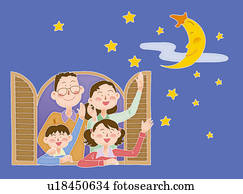 A family looking up to the moon and stars from the window, Illustration