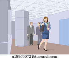 Two Businessmen and a businesswoman walking in the hallway, Illustrative Technique