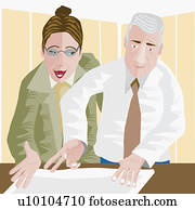 close-up, de, um, homem negócios, e, um, executiva, discutir, um, blueprint