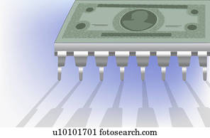 Close-up of a paper currency on a computer chip