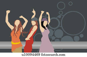 gesellschaft, von, drei frauen, tanzen, in, a, nachtclub