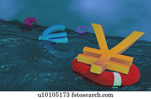 Currency symbols floating on water
