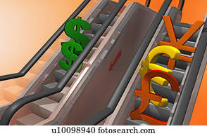 High angle view of currency signs on an escalator