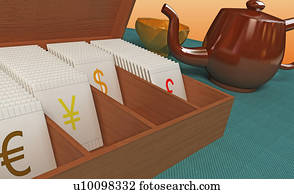 Kettle and a cup near currency symbols