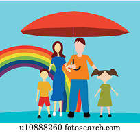 Front view of family standing with umbrella 